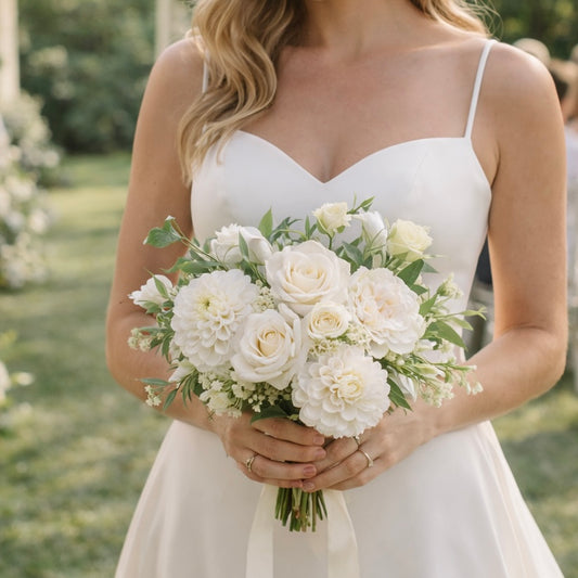 Luxury White Faux Wedding Bouquet | Real Touch Rose & Dahlia Bridal Bouquet | Timeless Artificial Flowers