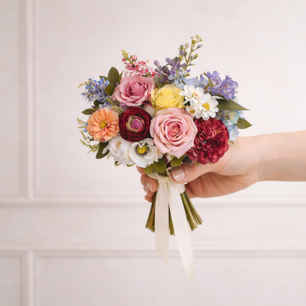 Luxury Bright Faux Wedding Bouquet | Real Touch Rose & Dahlia Bridal Bouquet | Modern Artificial Flowers