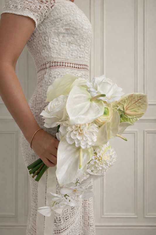 Luxury White Faux Wedding Bouquet | Real Touch Calla Lily & Orchid Bridal Bouquet | Timeless Artificial Flowers