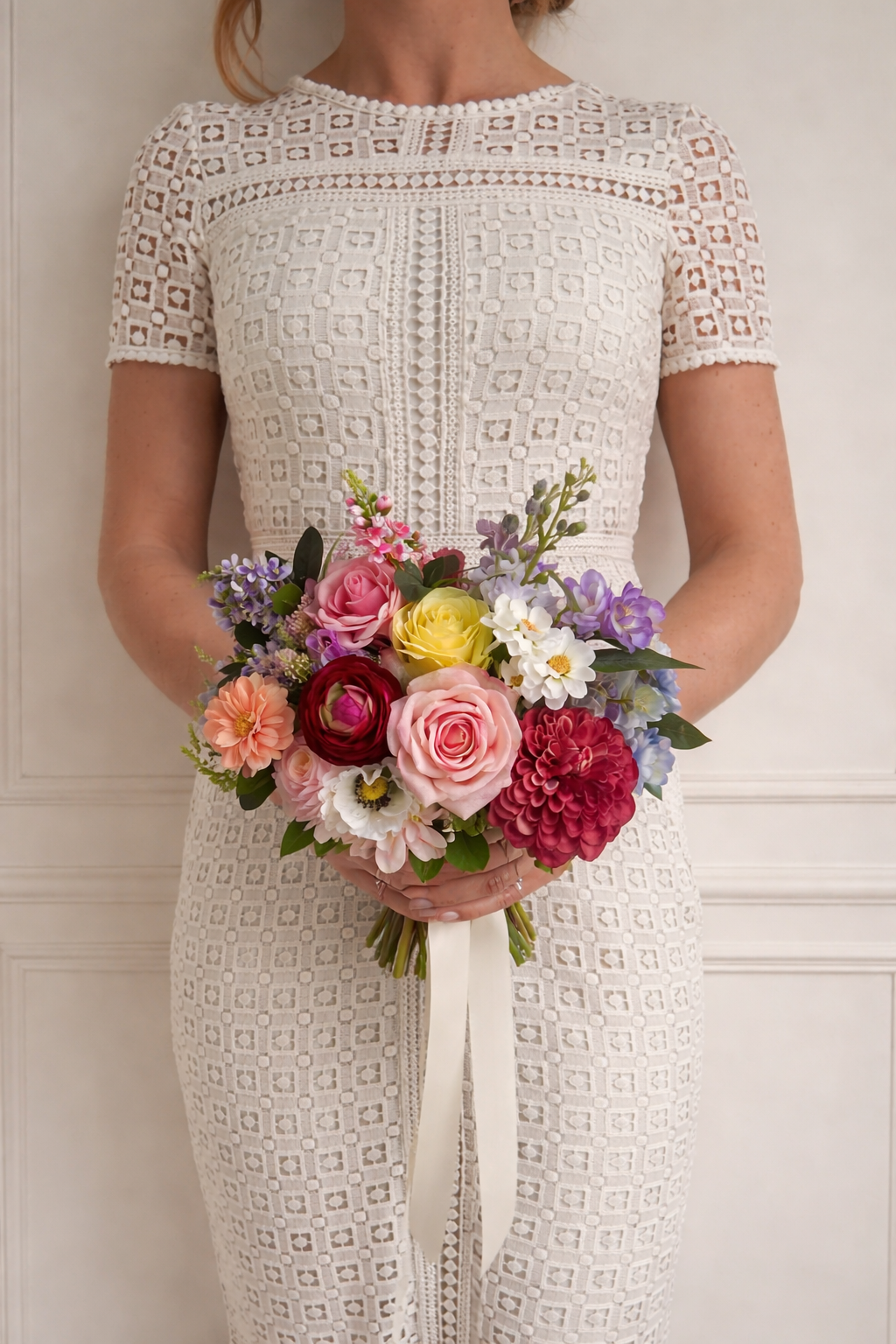 Luxury Bright Faux Wedding Bouquet | Real Touch Rose & Dahlia Bridal Bouquet | Modern Artificial Flowers