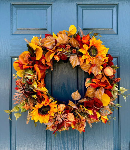 Autumn Wreath | Faux Floral Door Decor - “Sunflower Dream”