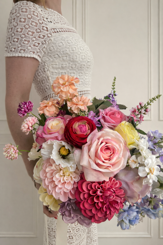 Luxury Bright Faux Wedding Bouquet | Real Touch Rose & Dahlia Bridal Bouquet | Modern Artificial Flowers