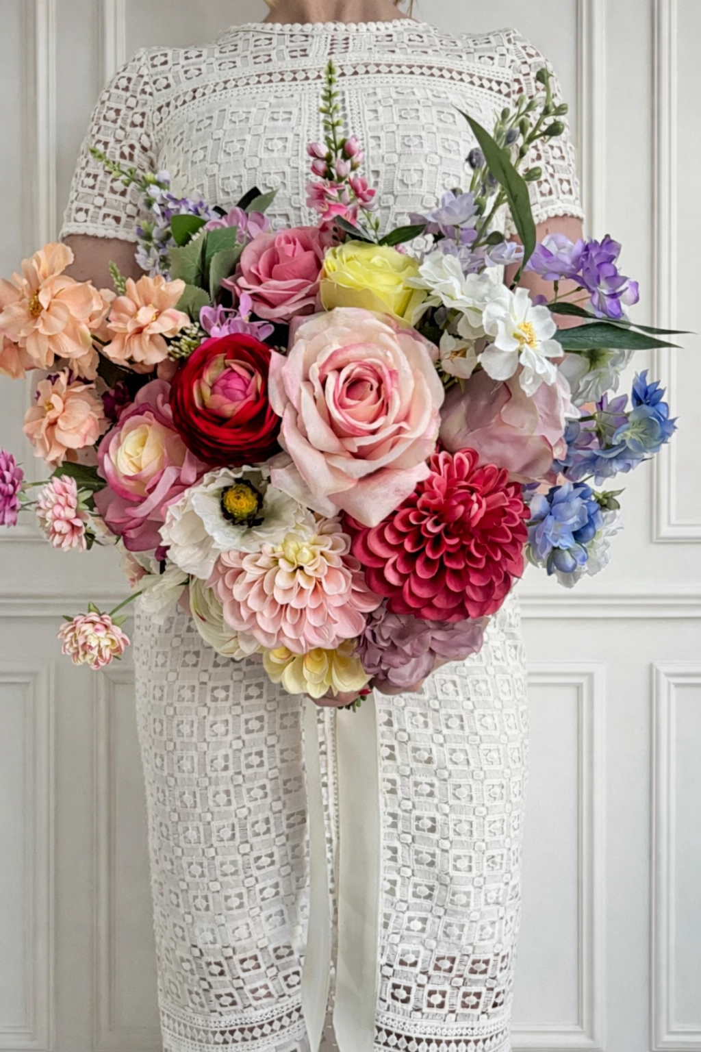 Luxury Bright Faux Wedding Bouquet | Real Touch Rose & Dahlia Bridal Bouquet | Modern Artificial Flowers