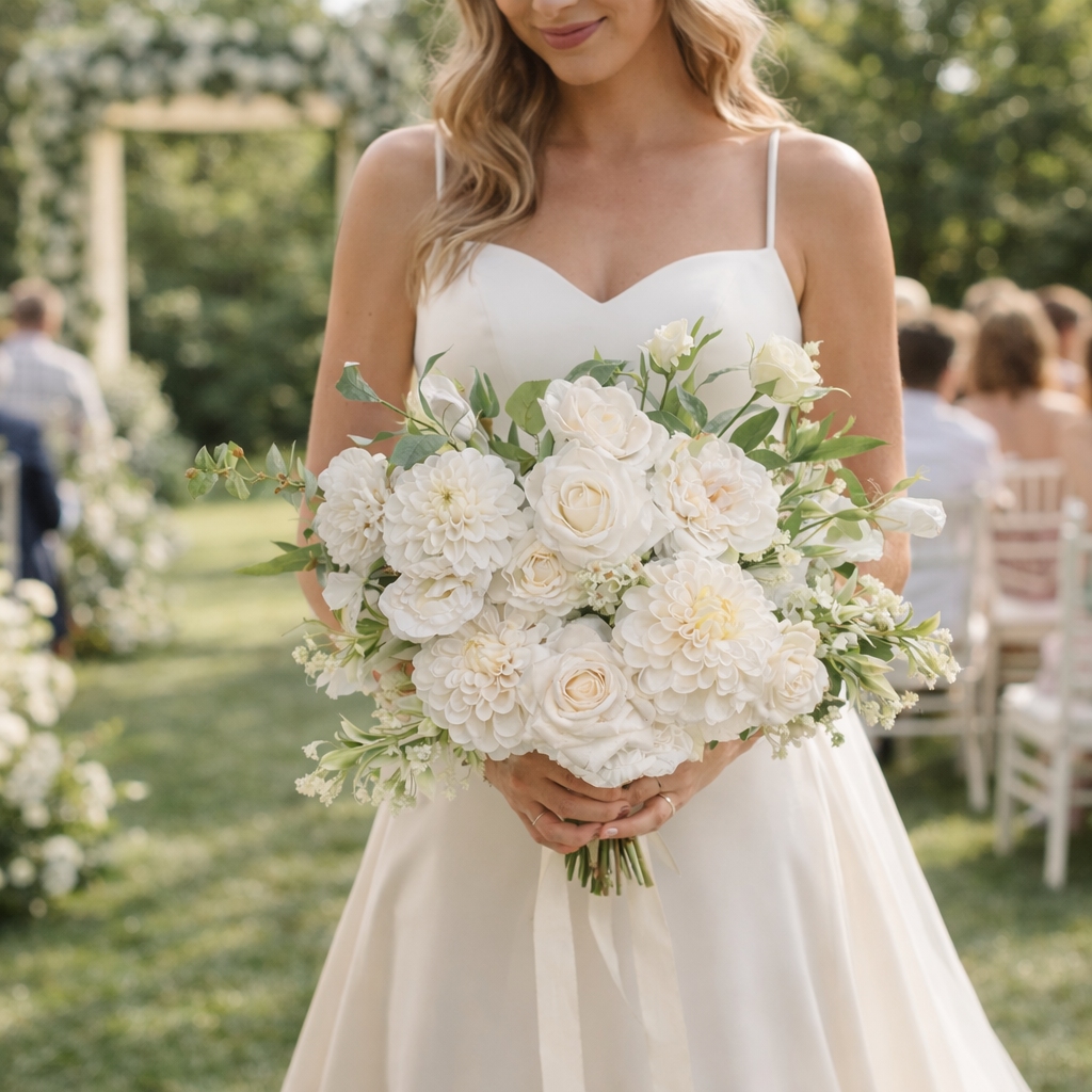 Luxury White Faux Wedding Bouquet | Real Touch Rose & Dahlia Bridal Bouquet | Timeless Artificial Flowers