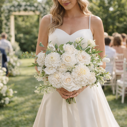 Luxury White Faux Wedding Bouquet | Real Touch Rose & Dahlia Bridal Bouquet | Timeless Artificial Flowers